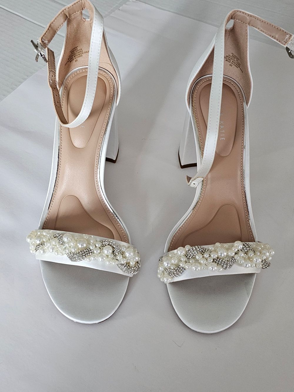 Beaded Pearl Embellished White Ankle-Strap Heels 9M